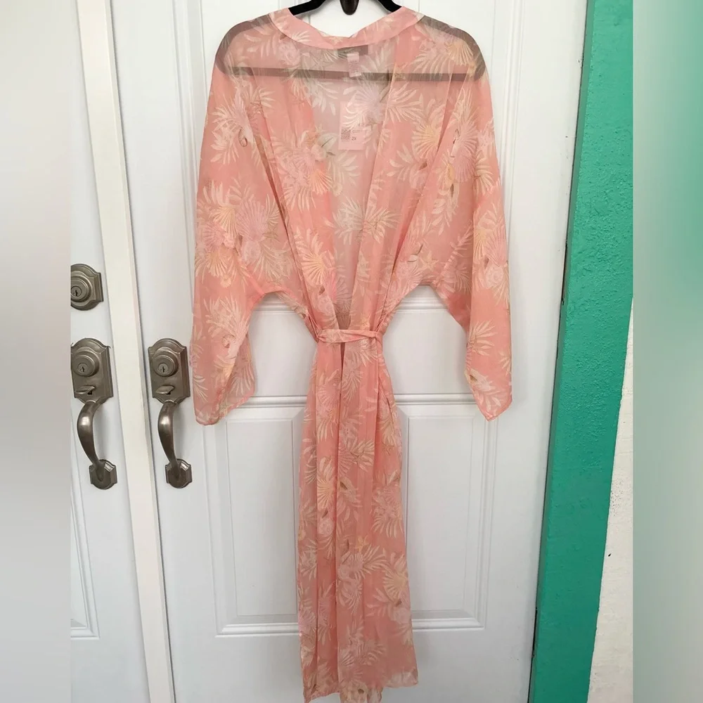 Forever 21 Sea Shell Leaf Sheer Robe Swim Cover Up With Tie 2X NWT - Picture 2 of 6